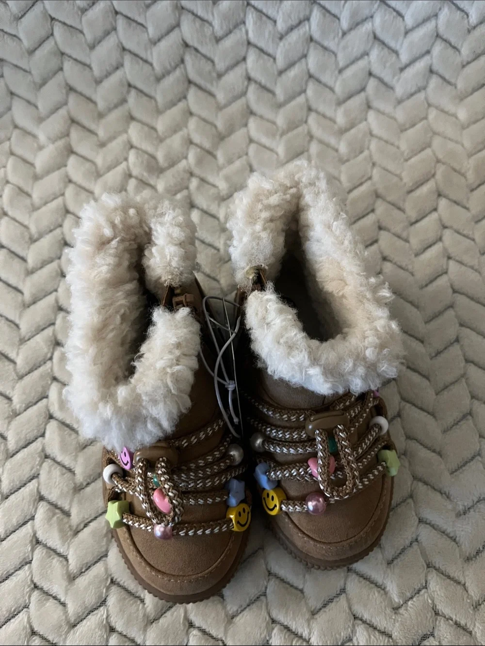 Cat & Jack Brown Faux-Shearling Kids Boots with Colorful Bead Charms